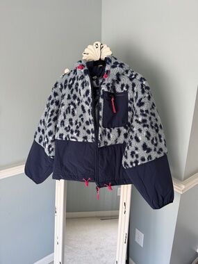 Sweaty Betty Kids Navy Leopard Puff Jacket with Pink Accents